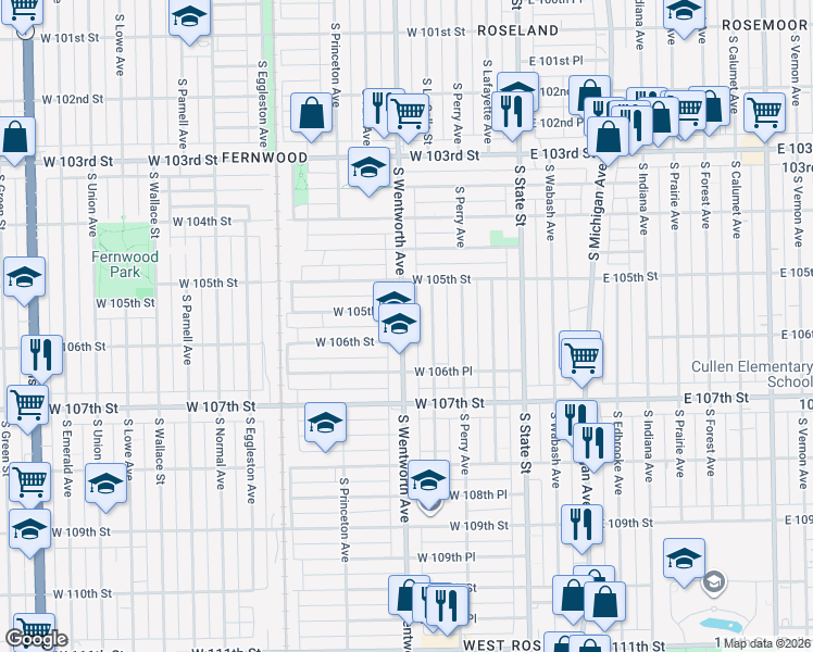 map of restaurants, bars, coffee shops, grocery stores, and more near 10600 South Wentworth Avenue in Chicago