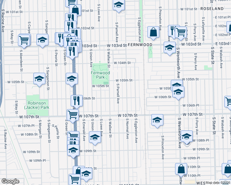 map of restaurants, bars, coffee shops, grocery stores, and more near 10557 South Wallace Street in Chicago