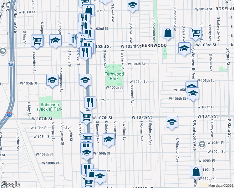 map of restaurants, bars, coffee shops, grocery stores, and more near 10559 South Lowe Avenue in Chicago