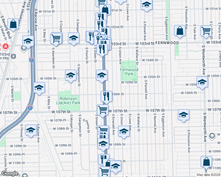 map of restaurants, bars, coffee shops, grocery stores, and more near 10556 South Emerald Avenue in Chicago