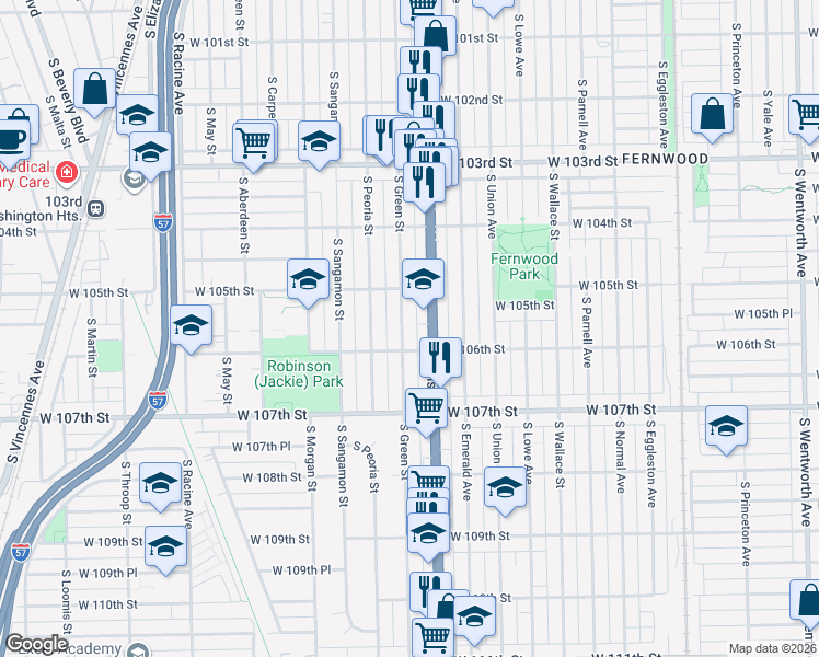 map of restaurants, bars, coffee shops, grocery stores, and more near 10557 South Green Street in Chicago