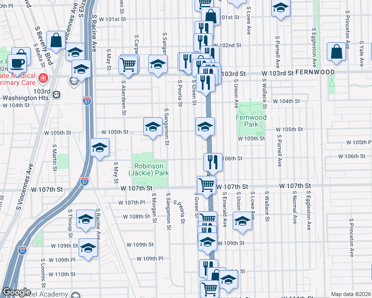 map of restaurants, bars, coffee shops, grocery stores, and more near 10557 South Peoria Street in Chicago