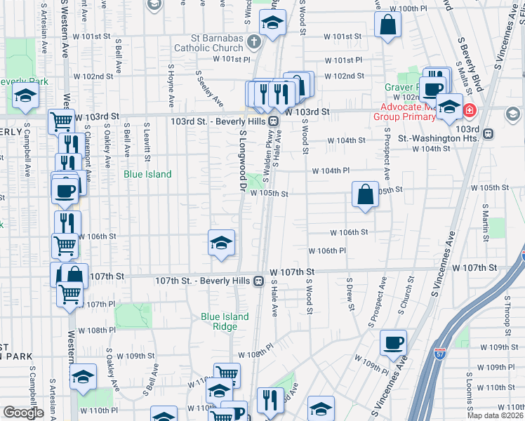 map of restaurants, bars, coffee shops, grocery stores, and more near 10557 South Hale Avenue in Chicago
