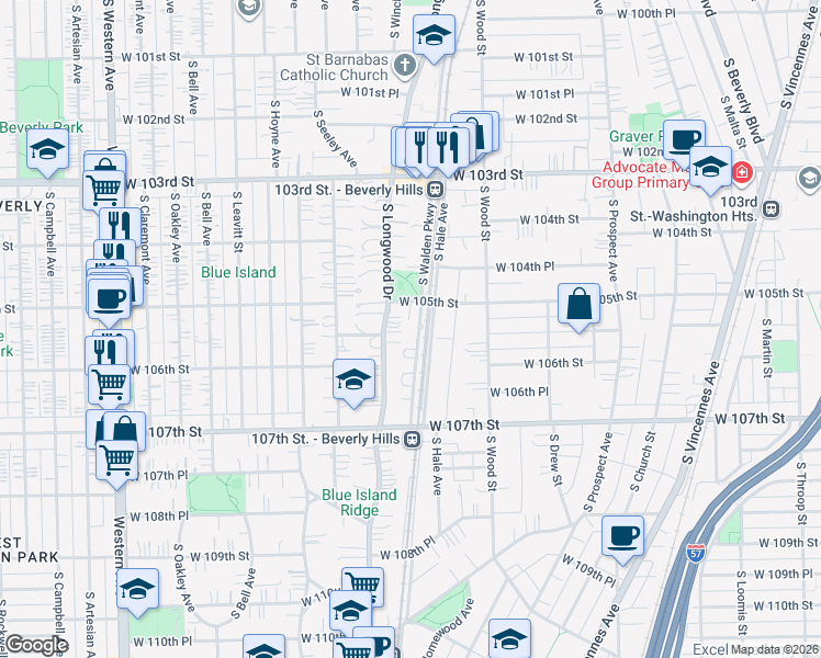 map of restaurants, bars, coffee shops, grocery stores, and more near 10547 South Longwood Drive in Chicago