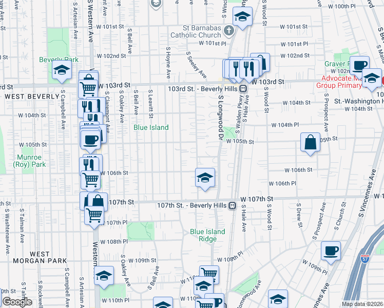 map of restaurants, bars, coffee shops, grocery stores, and more near 10546 South Seeley Avenue in Chicago