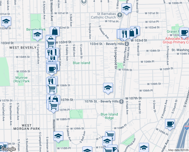 map of restaurants, bars, coffee shops, grocery stores, and more near 10547 South Hamilton Avenue in Chicago