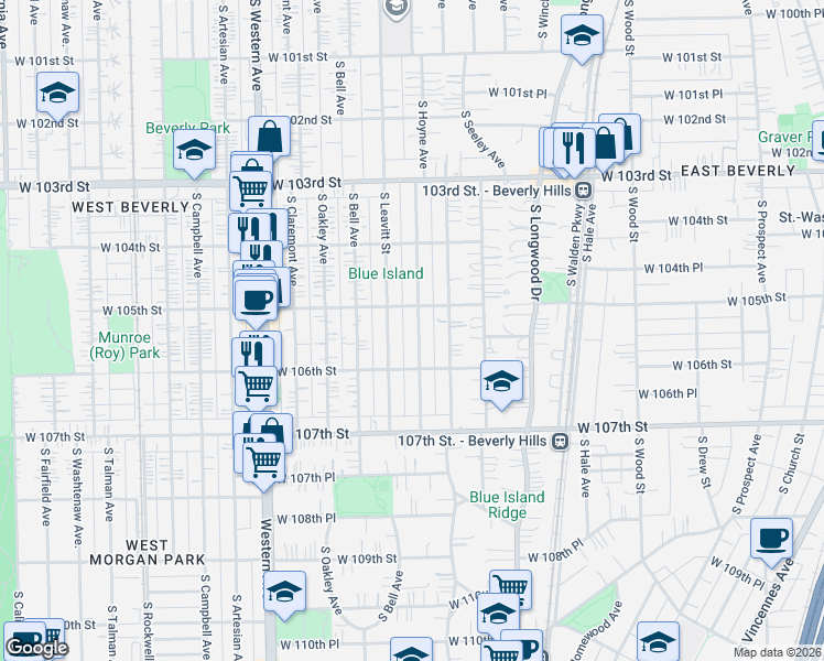 map of restaurants, bars, coffee shops, grocery stores, and more near 10547 South Hamilton Avenue in Chicago