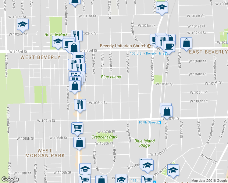 map of restaurants, bars, coffee shops, grocery stores, and more near 10541 South Leavitt Street in Chicago