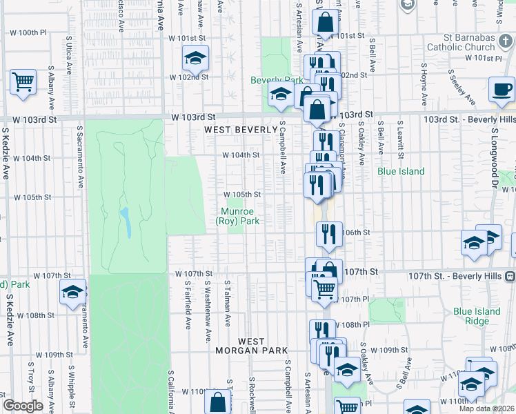 map of restaurants, bars, coffee shops, grocery stores, and more near 10538 South Maplewood Avenue in Chicago