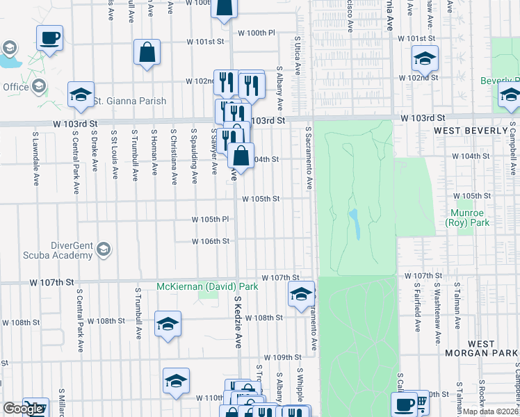 map of restaurants, bars, coffee shops, grocery stores, and more near 10532 South Albany Avenue in Chicago