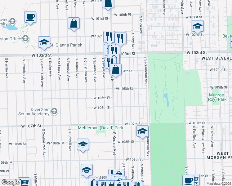 map of restaurants, bars, coffee shops, grocery stores, and more near 10534 South Troy Street in Chicago