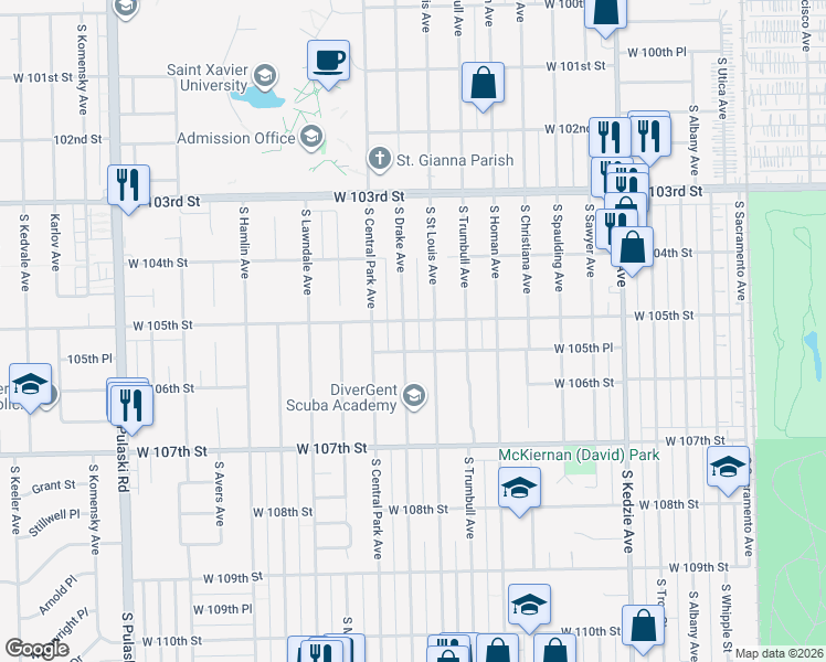 map of restaurants, bars, coffee shops, grocery stores, and more near 3525 West 105th Place in Chicago
