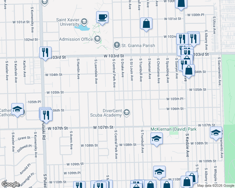 map of restaurants, bars, coffee shops, grocery stores, and more near 10528 Central Park Avenue in Chicago