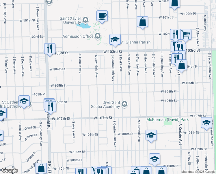 map of restaurants, bars, coffee shops, grocery stores, and more near 10528 South Millard Avenue in Chicago