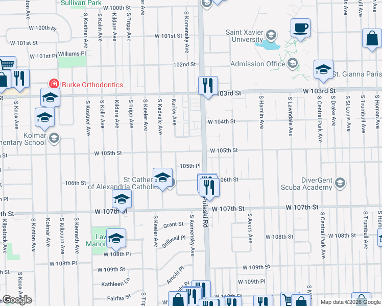 map of restaurants, bars, coffee shops, grocery stores, and more near 4012 West 105th Place in Oak Lawn
