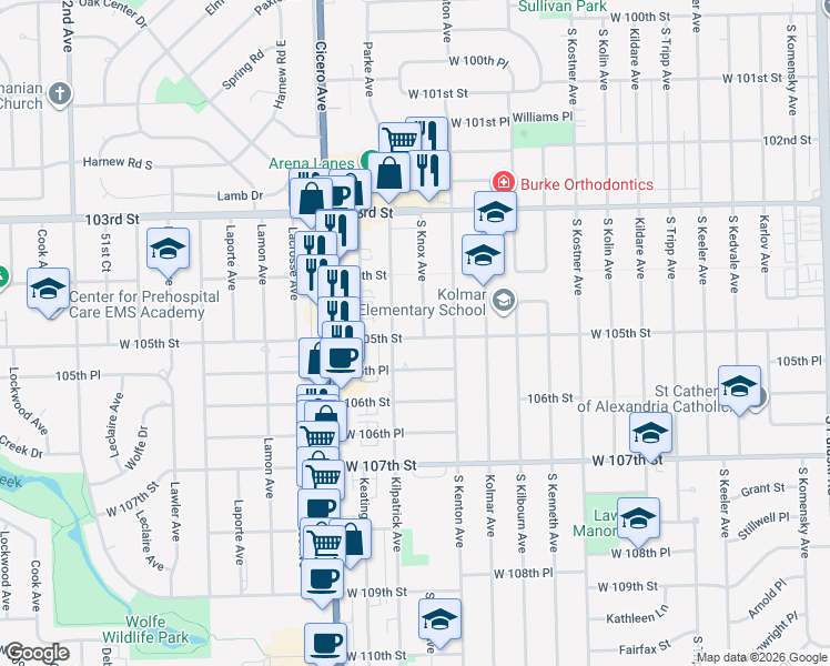 map of restaurants, bars, coffee shops, grocery stores, and more near 4617 105th Street in Oak Lawn