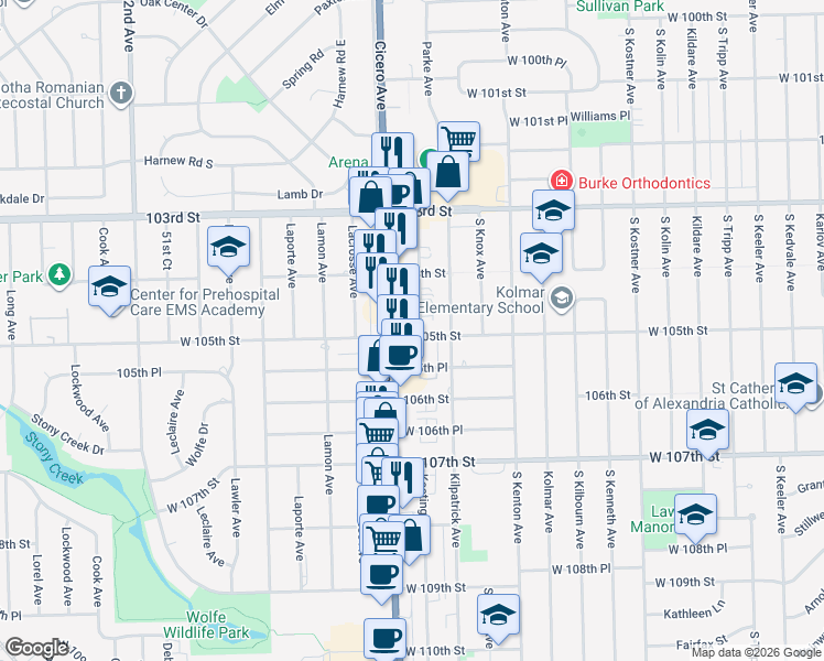 map of restaurants, bars, coffee shops, grocery stores, and more near 10501 South Cicero Avenue in Oak Lawn
