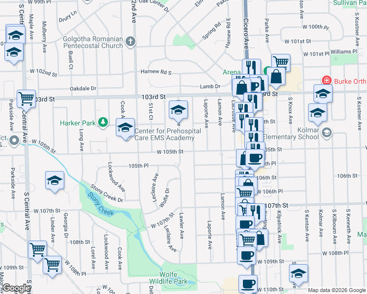 map of restaurants, bars, coffee shops, grocery stores, and more near 5005 105th Street in Oak Lawn