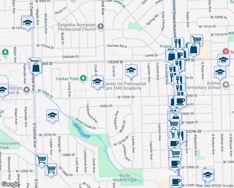 map of restaurants, bars, coffee shops, grocery stores, and more near 5141 105th Street in Oak Lawn