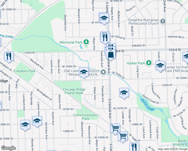 map of restaurants, bars, coffee shops, grocery stores, and more near 5636 West 105th Street in Oak Lawn