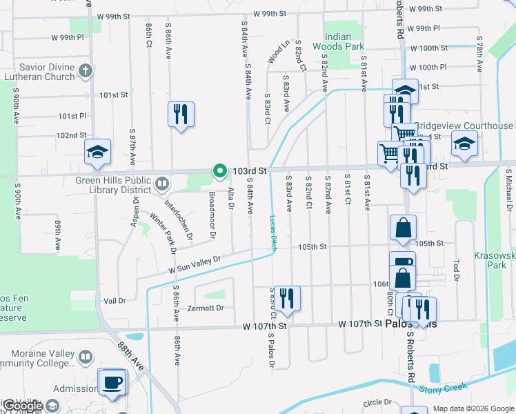 map of restaurants, bars, coffee shops, grocery stores, and more near 10437 South 84th Avenue in Palos Hills