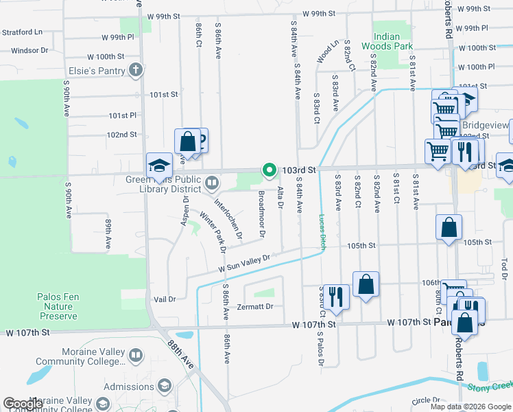 map of restaurants, bars, coffee shops, grocery stores, and more near 10418 Broadmoor Drive in Palos Hills
