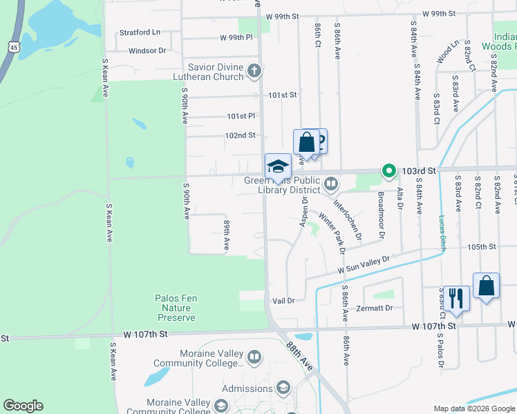 map of restaurants, bars, coffee shops, grocery stores, and more near 10402 South 88th Avenue in Palos Hills