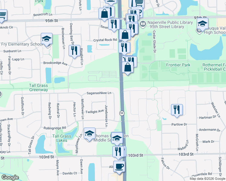 map of restaurants, bars, coffee shops, grocery stores, and more near 3040 Saganashkee Lane in Naperville