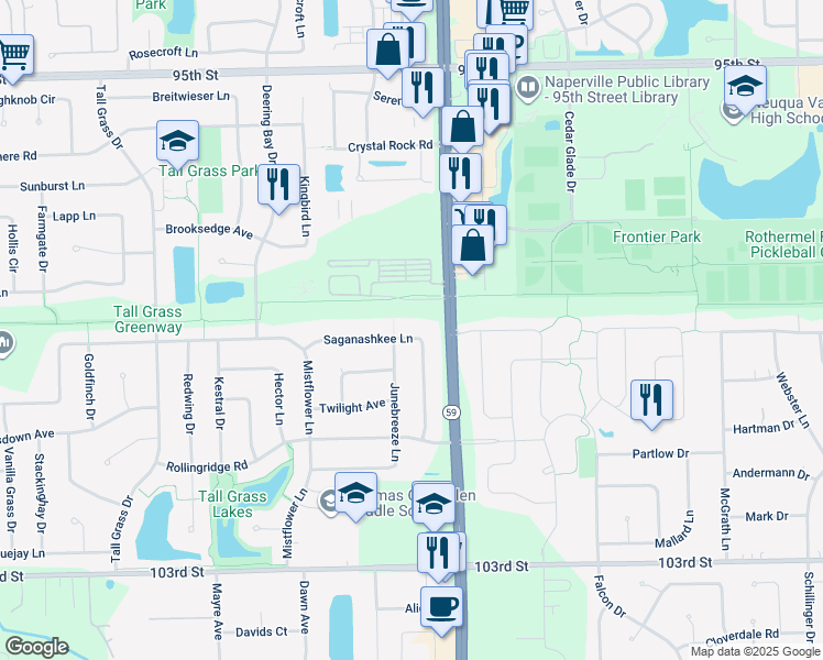 map of restaurants, bars, coffee shops, grocery stores, and more near 3040 Saganashkee Lane in Naperville