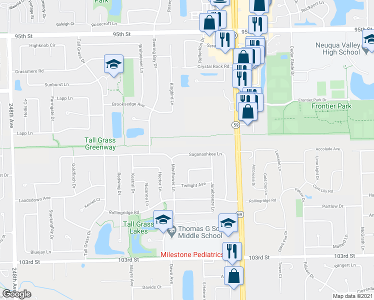 map of restaurants, bars, coffee shops, grocery stores, and more near 3160 Saganashkee Lane in Naperville
