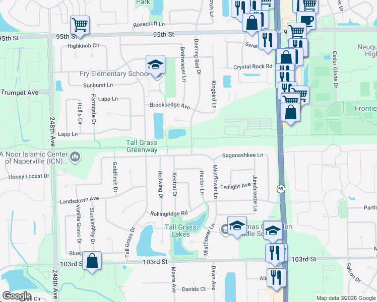 map of restaurants, bars, coffee shops, grocery stores, and more near 3308 Mistflower Lane in Naperville