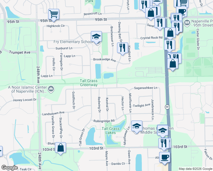 map of restaurants, bars, coffee shops, grocery stores, and more near 3407 Kestral Drive in Naperville