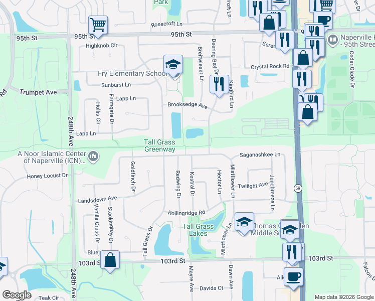 map of restaurants, bars, coffee shops, grocery stores, and more near 3407 Kestral Drive in Naperville