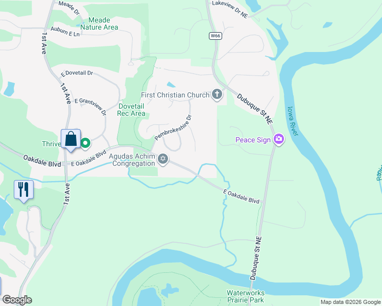 map of restaurants, bars, coffee shops, grocery stores, and more near 401 East Oakdale Boulevard in Coralville