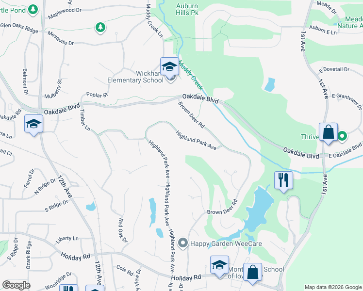 map of restaurants, bars, coffee shops, grocery stores, and more near 600 Highland Park Avenue in Coralville
