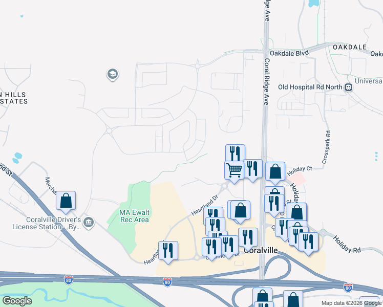 map of restaurants, bars, coffee shops, grocery stores, and more near Ewalt Trail in Coralville
