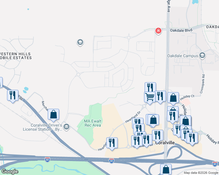 map of restaurants, bars, coffee shops, grocery stores, and more near 2855 Heartland Drive in Coralville