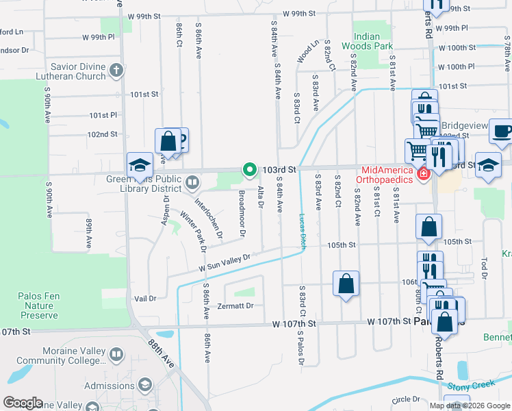 map of restaurants, bars, coffee shops, grocery stores, and more near 10413 Alta Drive in Palos Hills