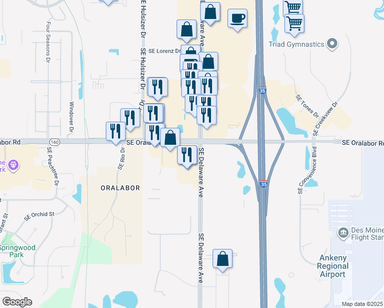 map of restaurants, bars, coffee shops, grocery stores, and more near 2702 Southeast Delaware Avenue in Ankeny