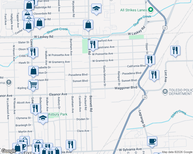 map of restaurants, bars, coffee shops, grocery stores, and more near 435 Pasadena Boulevard in Toledo