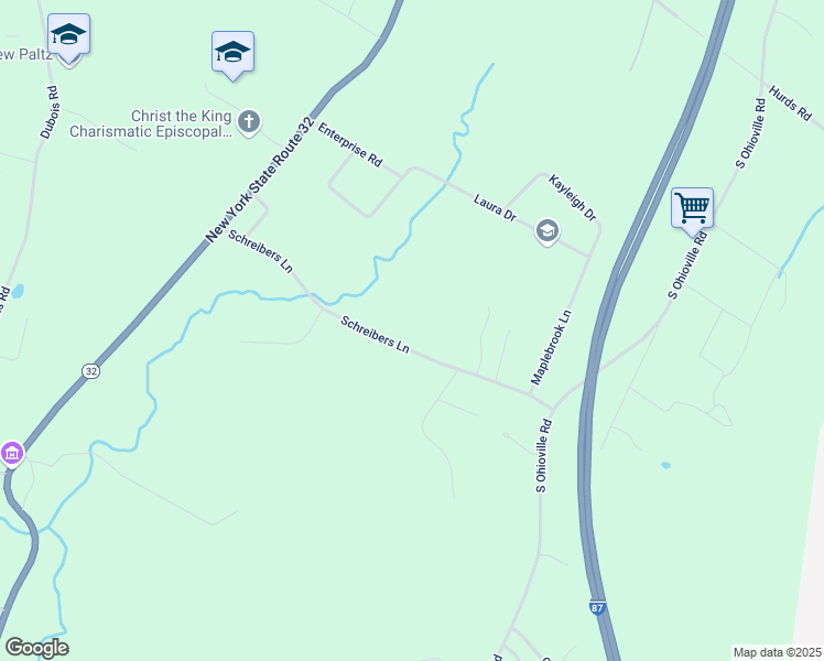 map of restaurants, bars, coffee shops, grocery stores, and more near 70 Schreibers Lane in New Paltz