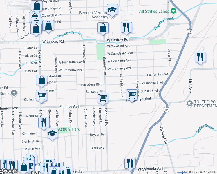 map of restaurants, bars, coffee shops, grocery stores, and more near 451 Pasadena Boulevard in Toledo