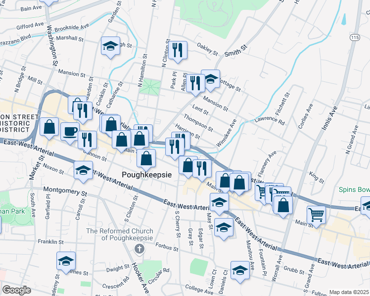 map of restaurants, bars, coffee shops, grocery stores, and more near 418 Maple Street in Poughkeepsie