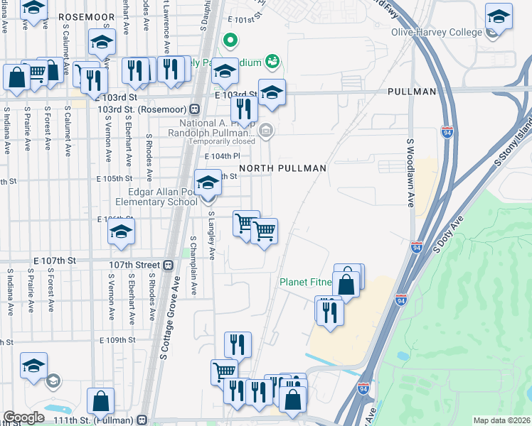 map of restaurants, bars, coffee shops, grocery stores, and more near 820 East 106th Street in Chicago