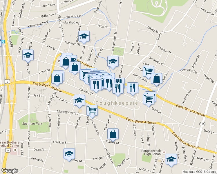 map of restaurants, bars, coffee shops, grocery stores, and more near 454-456 Main Street in Poughkeepsie