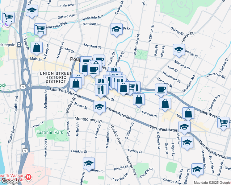 map of restaurants, bars, coffee shops, grocery stores, and more near 105 Cannon Street in Poughkeepsie