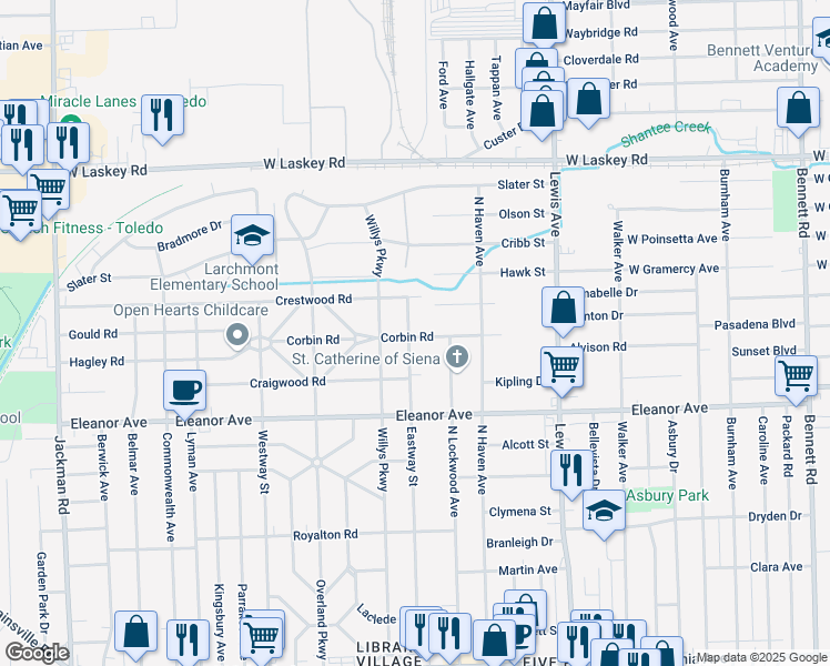 map of restaurants, bars, coffee shops, grocery stores, and more near 4604 Eastway Street in Toledo