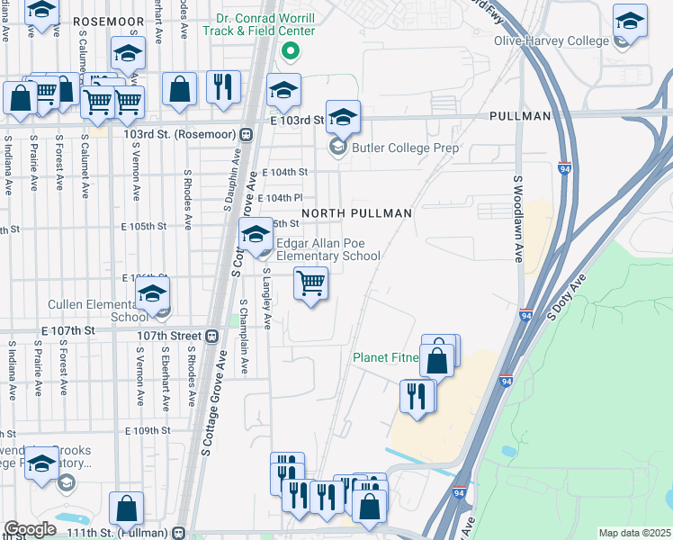 map of restaurants, bars, coffee shops, grocery stores, and more near 820 East 106th Street in Chicago