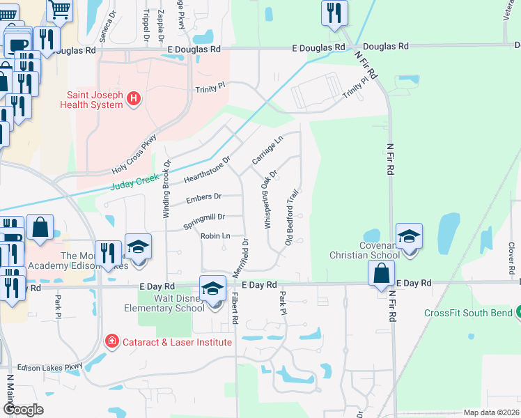map of restaurants, bars, coffee shops, grocery stores, and more near 54519 Whispering Oak Drive in Mishawaka