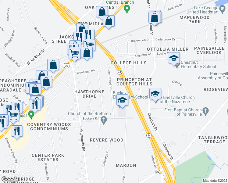 map of restaurants, bars, coffee shops, grocery stores, and more near 129 Larchwood Drive in Painesville